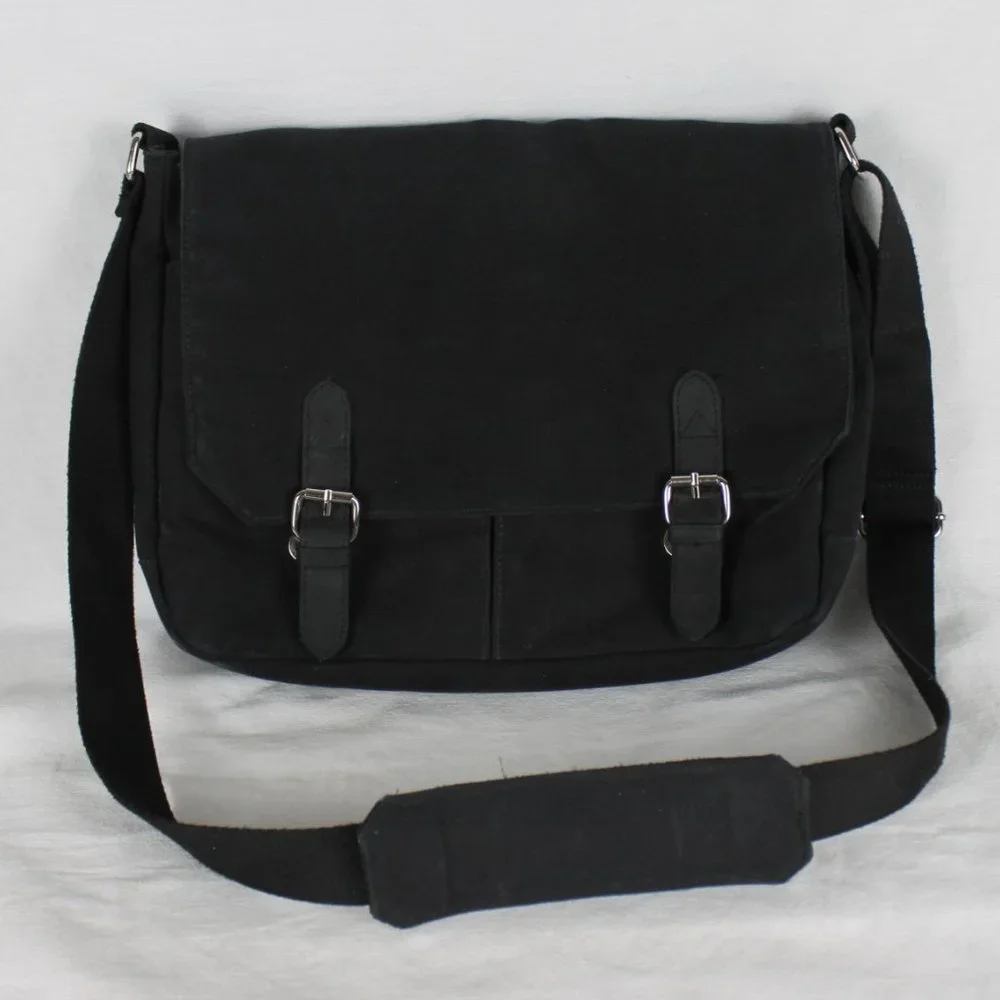 Frank And Oak Black Mens Messenger Canvas Bag Zippered Pockets Heavy Duty Straps